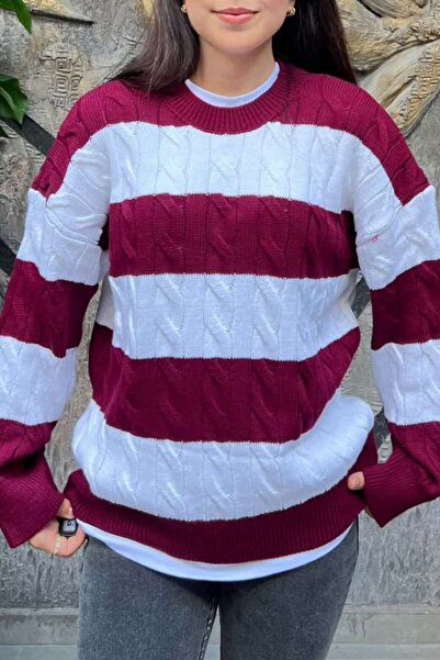 sunfyre Oversize Striped Crew Neck Hair Braided Knitwear Sweater Sun526