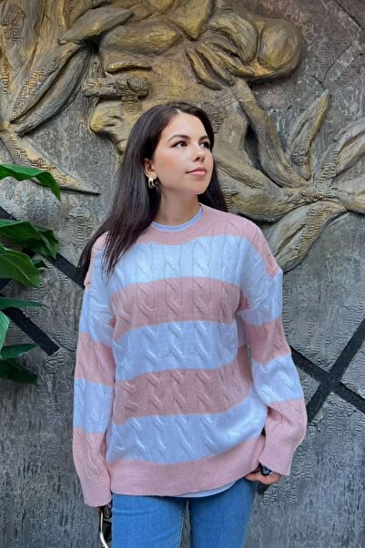 sunfyre Oversize Striped Crew Neck Hair Braided Knitwear Sweater Sun526