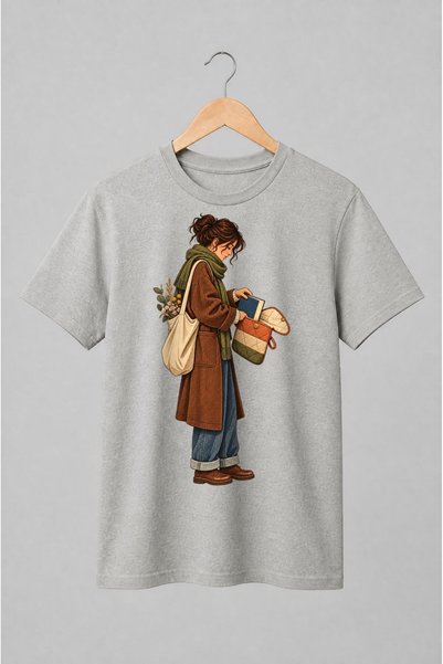 Generic Brand Tricou unisex cu Femeie cu carte și flori uscate stil cottagecore