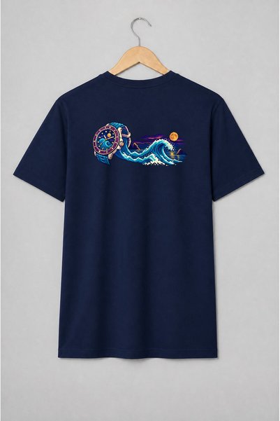 Generic Brand Tricou unisex cu Ceas cu val oceanic în stil pixel art