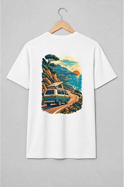 Generic Brand Tricou unisex cu Camper pe drum de coastă mediteraneană retro