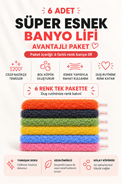 LET'SCRUB 6 Adet Banyo Lifi Avantajlı Paket I Süper Esnek I 20x30 cm