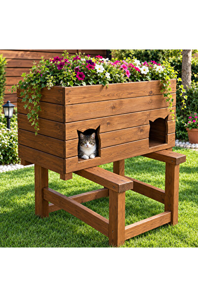 Ahşap Saksılı Kedi Evi