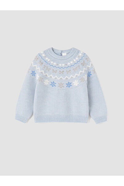 LC Waikiki Lcw Kids Blue Knitwear Patterned Oval Collar Girls' Sweater with N...