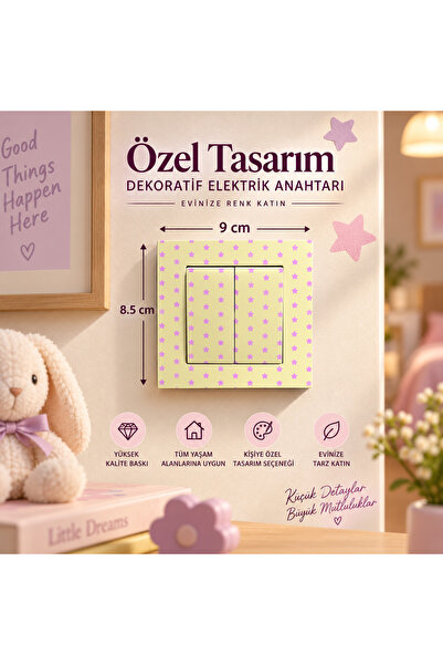 Vass Bros Açelya’s Collection Tasarım Pembe Yıldızlı Dekoratif Elektrik Anahtarı