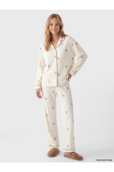 LC Waikiki Rmz Gi̇yi̇m Farkiyla Shirt Roba Collar Embroidered Women's Pajama Set