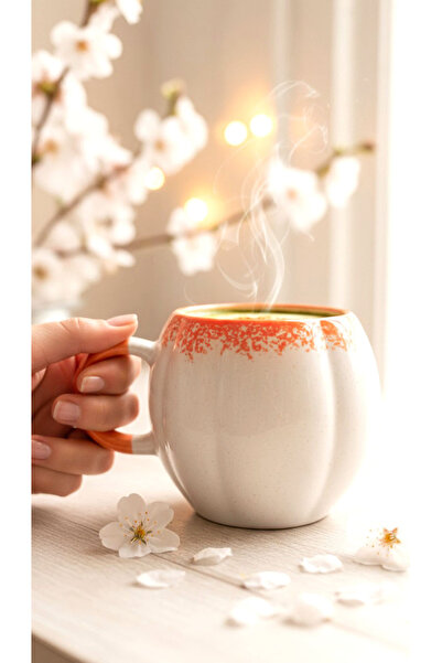 GAGGA GIFT Cream Ceramic Mug with Orange Detail |   Coffee Tea Cup |   Stylis...