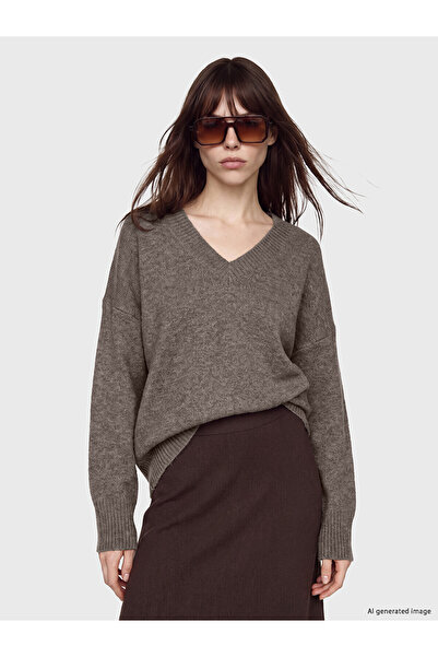 LC Waikiki Lcw Vision Brown Knitwear Plain V-Neck Women's Sweater with Nevavm...