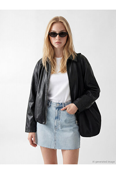 LC Waikiki Nevavm Farkıyla Xside Black Faux Leather Plain Oversize Women's Le...