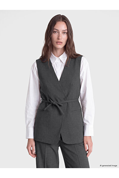 LC Waikiki Özmarka New Season Anthracite Double-Breasted Collar Belted Women'...