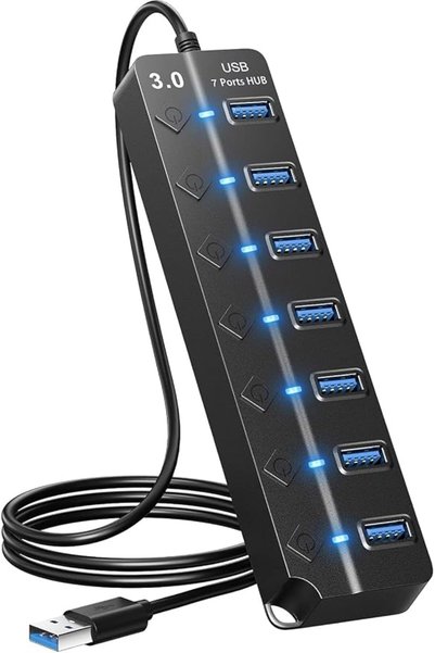 GENERAL موزع USB 3.0 بـ 7 منافذ مع مفاتيح تشغيل/إيقاف فردية وإضاءة، كابل بطول...