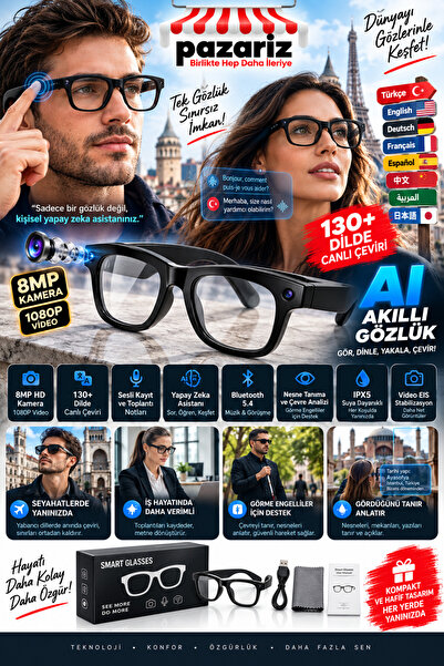 pazariz AI Akıllı Gözlük 8MP Kamera 1080P Video Bluetooth 5.4 Yapay Zeka Asis...
