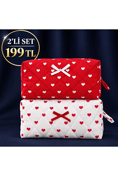 Serenight Atelier Kalp Desenli Makyaj Çantası 2'li Set Kırmızı Beyaz