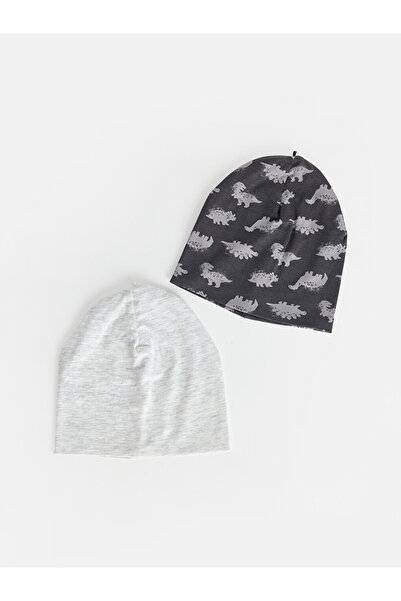 LC Waikiki Vizyon New Season White Dinosaur Printed Baby Boy Beanie Hat 2-Pack