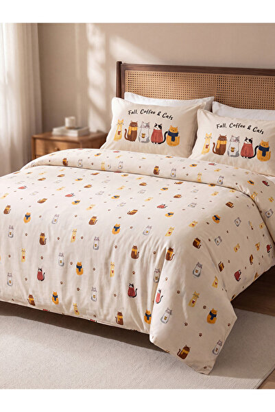 LC Waikiki Rmz Gi̇yi̇m Farkiyla Cat Printed Cotton Double Duvet Cover Set