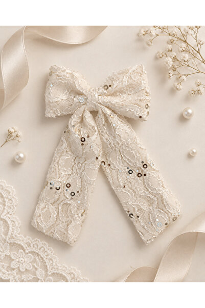 chipiques Silver Sequin Embroidered Ecru Lace Ballerina Bow Clip