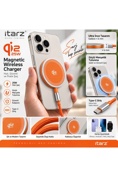 İtarz Qi2 25W Manyetik Kablosuz Şarj Cihazı Type-C MagSafe Uyumlu Hızlı Şarj