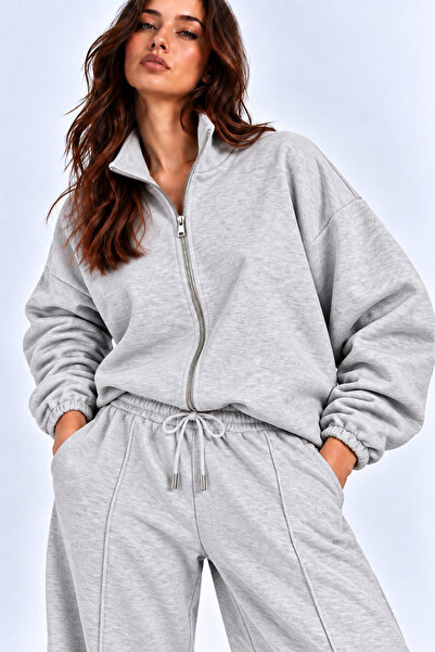 Sun Victoria Gri 3 Iplik Içi Şardonlu Dik Yaka Demir Fermuarlı Oversize Sweat...