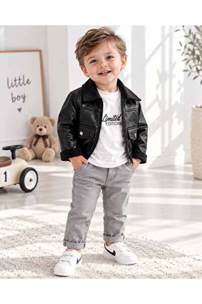 hümabebe Premium 3-Piece Men's Baby Holiday Outerwear Set with Leather Jacket