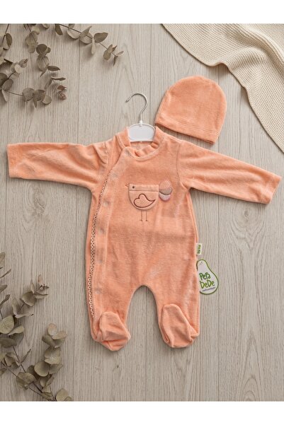 KUŞ NAKIŞLI KADİFE BEBEK TULUMU - PEMBE / SOMON RENKLİ