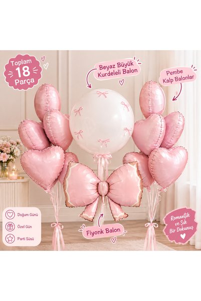 Pembe Fiyonk Balon Seti – Kalp ve Kurdele Temalı Parti Süsü