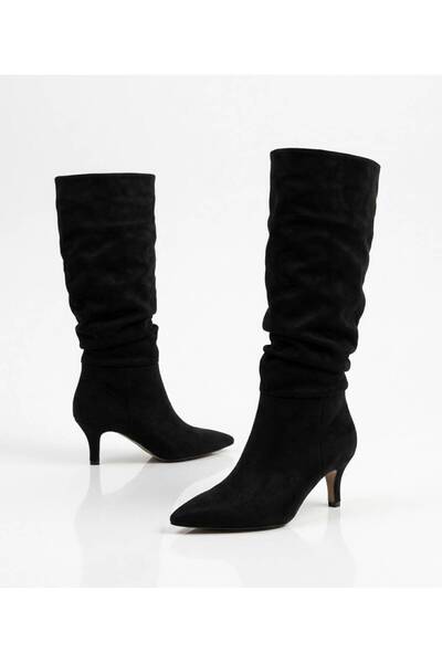 MAYA SHOES Kadın Büzgülü Sivri Burun Topuklu Cizme