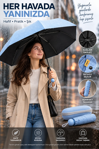 OpenCity Kapsül Şemsiye Mini Katlanır 100 cm Çap UV Korumalı Su İtici Kumaş 8...