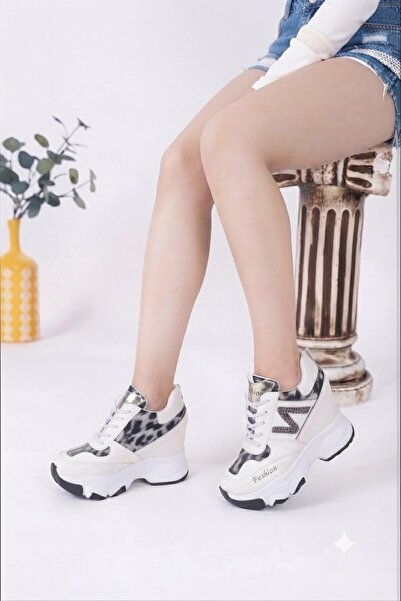 Leopar Desenli Fashion Yazılı 10 CM Gizli Topuklu Kadın Spor Ayakkabı Sneaker