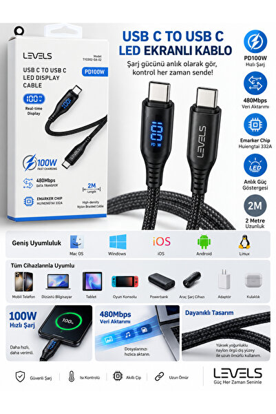 Levels 100W PD USB-C to USB-C 2 Metre LED Ekranlı Örgülü Hızlı Şarj ve Data K...