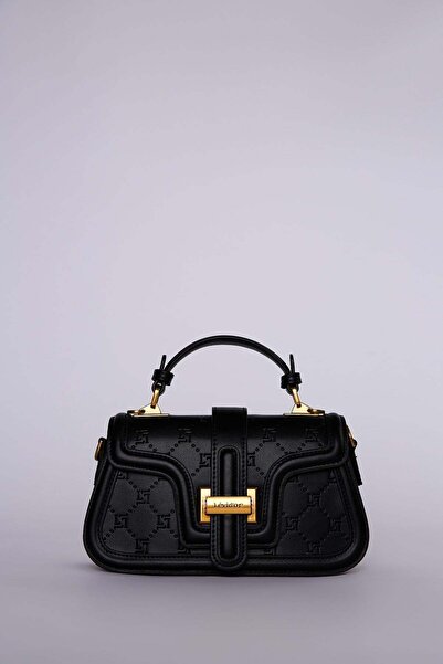 Levidor Black monogram patterned wide strap leather hand and shoulder bag