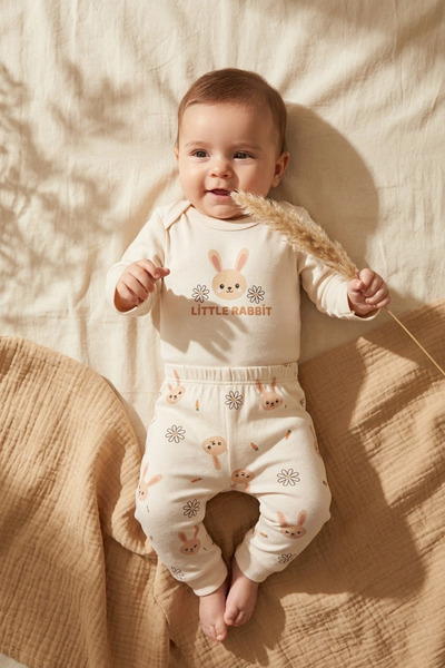 ANP MODA TASARIM Baby Girl 100% Cotton Rabbit Cream Patterned 2-Piece Set - L...