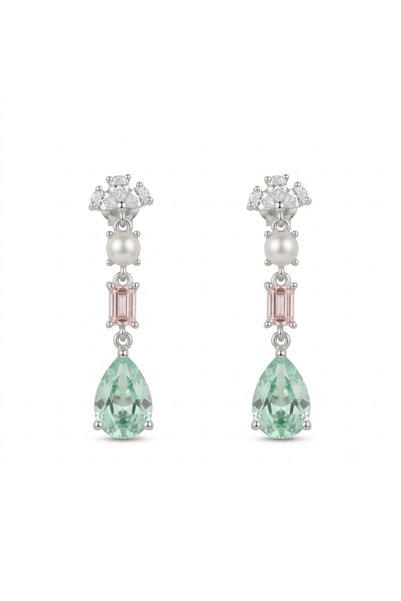 GÜMÜŞCÜK PERLA 925 Ayar Gümüş Sallantılı Zirkon Pastel Renkli Taşlı Küpe