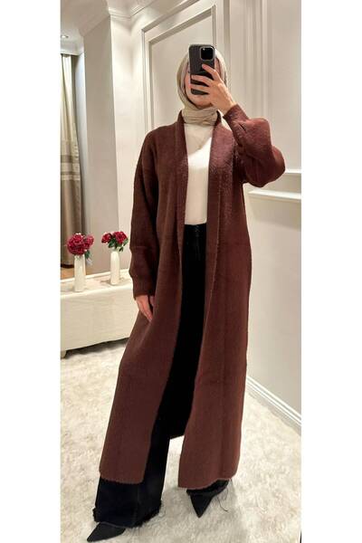 KEVRA Kadın Acı Kahve Uzun Triko Hırka Oversize Yumuşak Dokulu Salaş Düz Örgü...