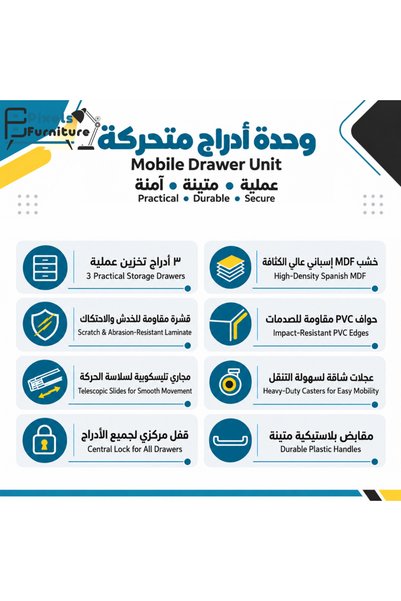 PixelsFurniture وحدة أدراج متحركة من بكسل الأثاث, بثلاثة أدراج وقفل مركزي