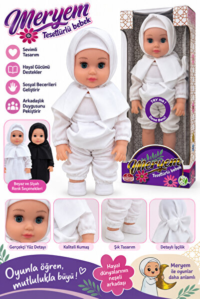 DoruCO Meryem Tesettürlü Bebek Beyaz Kıyafetli Başörtülü Oyuncak Bebek