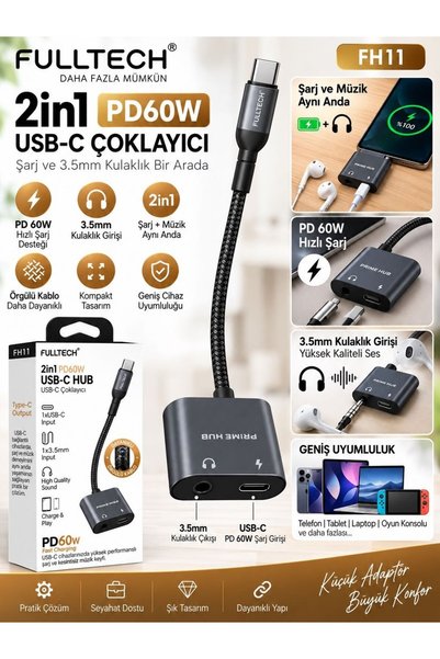 VEROXA Fulltech FH11 2in1 Usb-C Çoklayıcı Pd 60W Şarj ve 3.5mm Kulaklık Adapt...