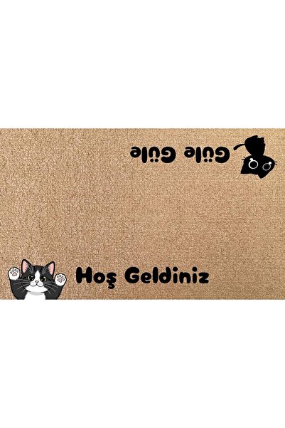 Kaymaz Tabanlı Baskılı Şık Kapı Önü Paspası 45x70 cm Coco Hasır Görünümlü Velür kedi Paspası