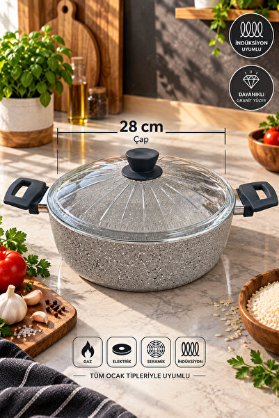 FİTHOME 28 Cm Cam Kapaklı Granit Pilav Tenceresi – İndüksiyon Uyumlu Geniş Aile Boy Pilav Tenceresi