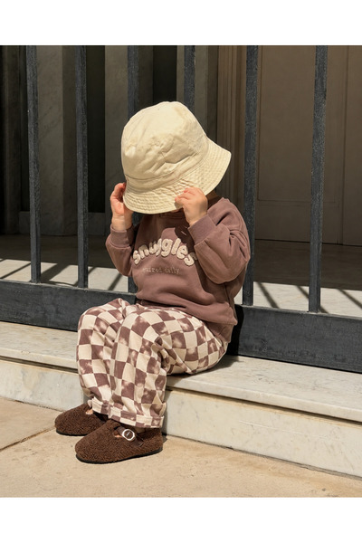 Mono Kids Erkek Bebek Pamuklu 3 iplik Nakışlı Damalı Takım-Kahve