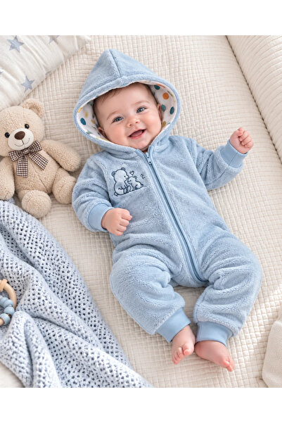 hümabebe Ayıcık nakışlı kapüşonlu boydan fermuarlı kadife bebe tulum