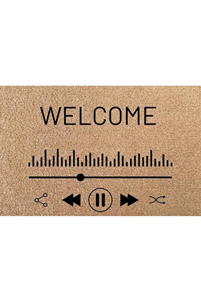 Kaymaz Tabanlı Baskılı Şık Kapı Önü Paspası 45x70 cm Coco Hasır Görünümlü Velür muzik Paspası