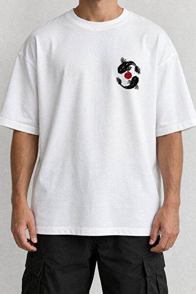 CrowsGate Koi Fish Minimal Front Print T-Shirt White Oversize