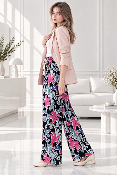 Bluewhs Women's 100% Viscose Premium Floral Patterned Palazzo Loose Trousers – Elastic Waist, Soft and Comfortable Casual Pants