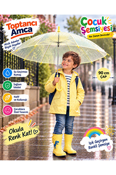 Toptancı Amca Çocuk Şemsiyesi 90 cm Renkli Şeffaf 8 Telli Işık Geçiren Yağmur...