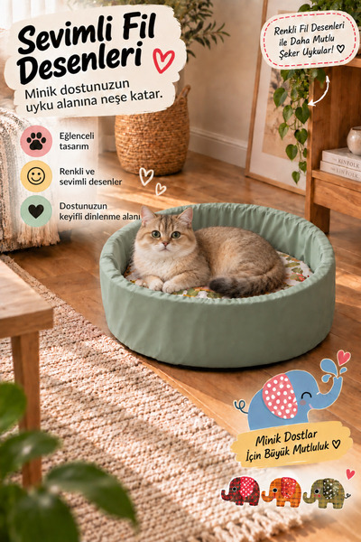PatiGang Kaymaz Tabanlı Fil Desenli Yuvarlak Simit Kedi ve Küçük Irk Köpek Ya...