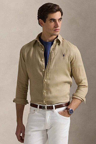 Ralph Lauren Blue Midilli Nakışlı Klasik Kesim Keten Gömlek
