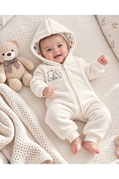 hümabebe Ayıcık nakışlı kapüşonlu boydan fermuarlı kadife bebe tulum