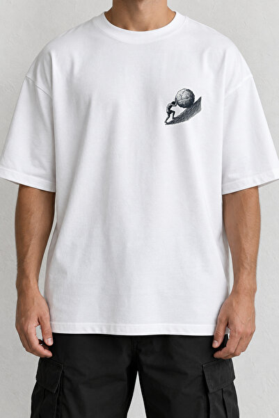 CrowsGate Sisyphus Fight Minimal Front Printed T-Shirt White Oversize