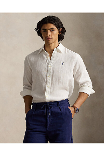 Ralph Lauren Blue Midilli Nakışlı Klasik Kesim Keten Gömlek
