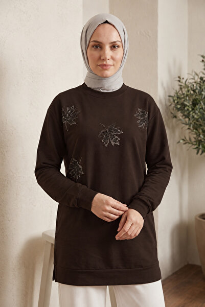 unika boutique Kadın Taş İşlemeli Yaprak Desenli Uzun Tunik Sweatshirt